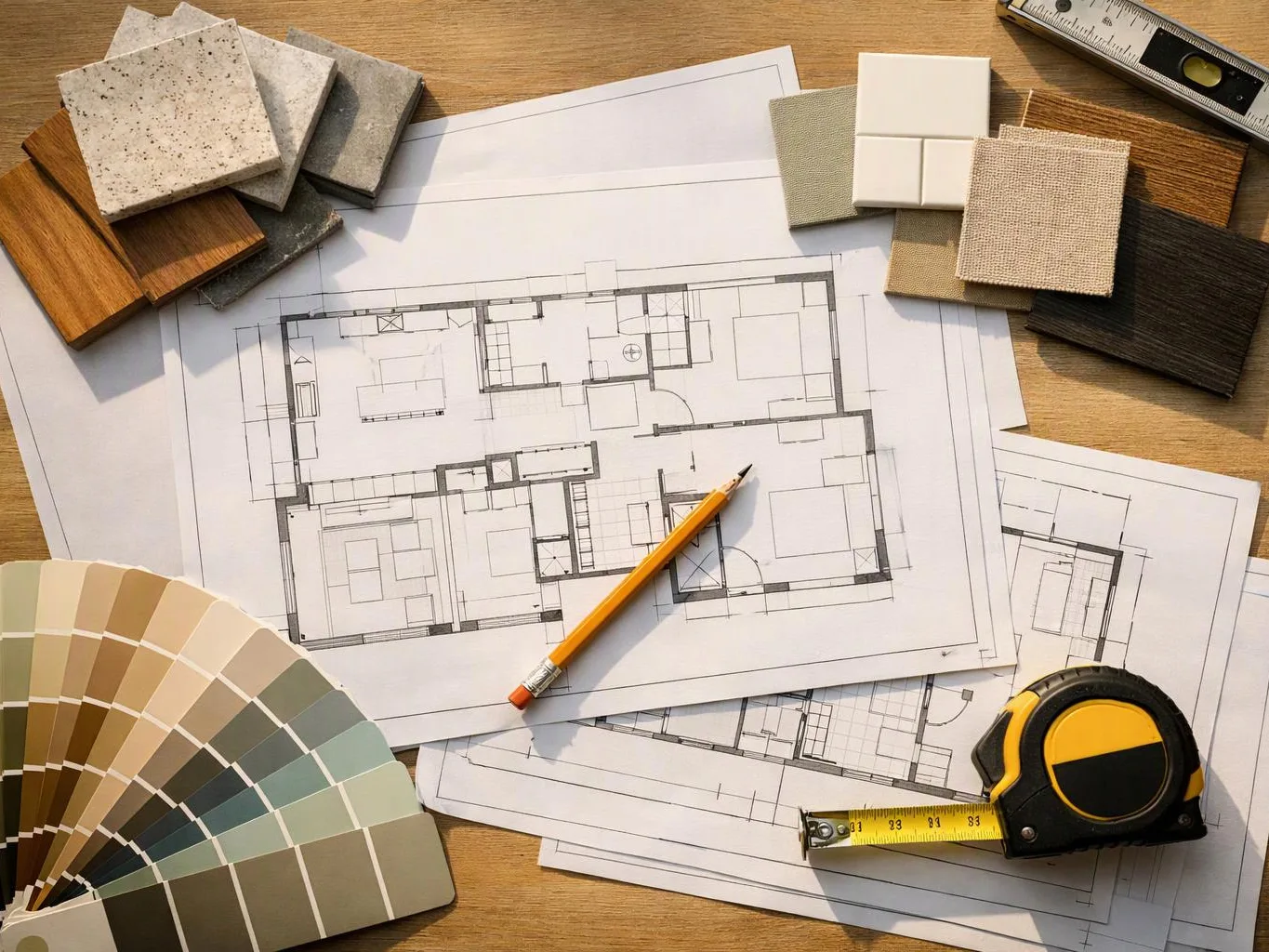Architectural floor plans spread on a desk with a pencil, tape measure, color swatches, and material samples