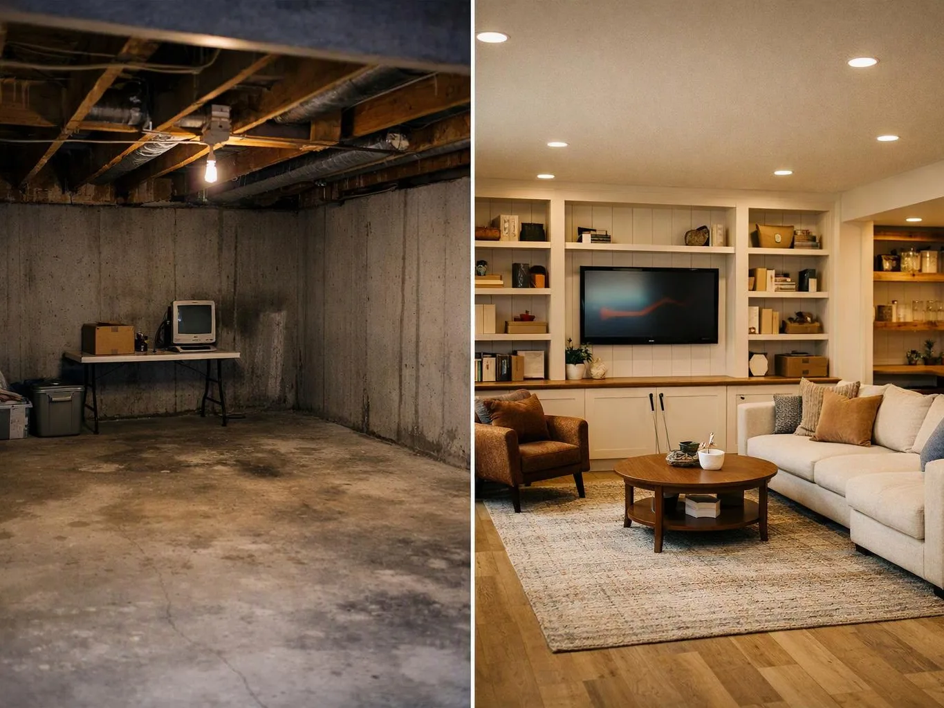 A basement room changes from bare concrete with exposed beams to a cozy finished living room