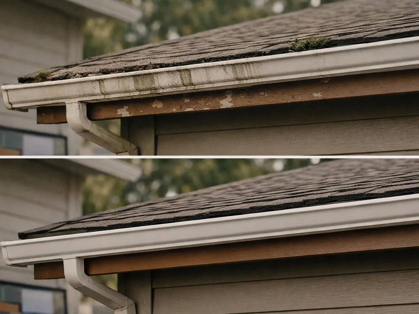 A before and after view shows a house roof edge with dirty gutters on top and clean gutters below