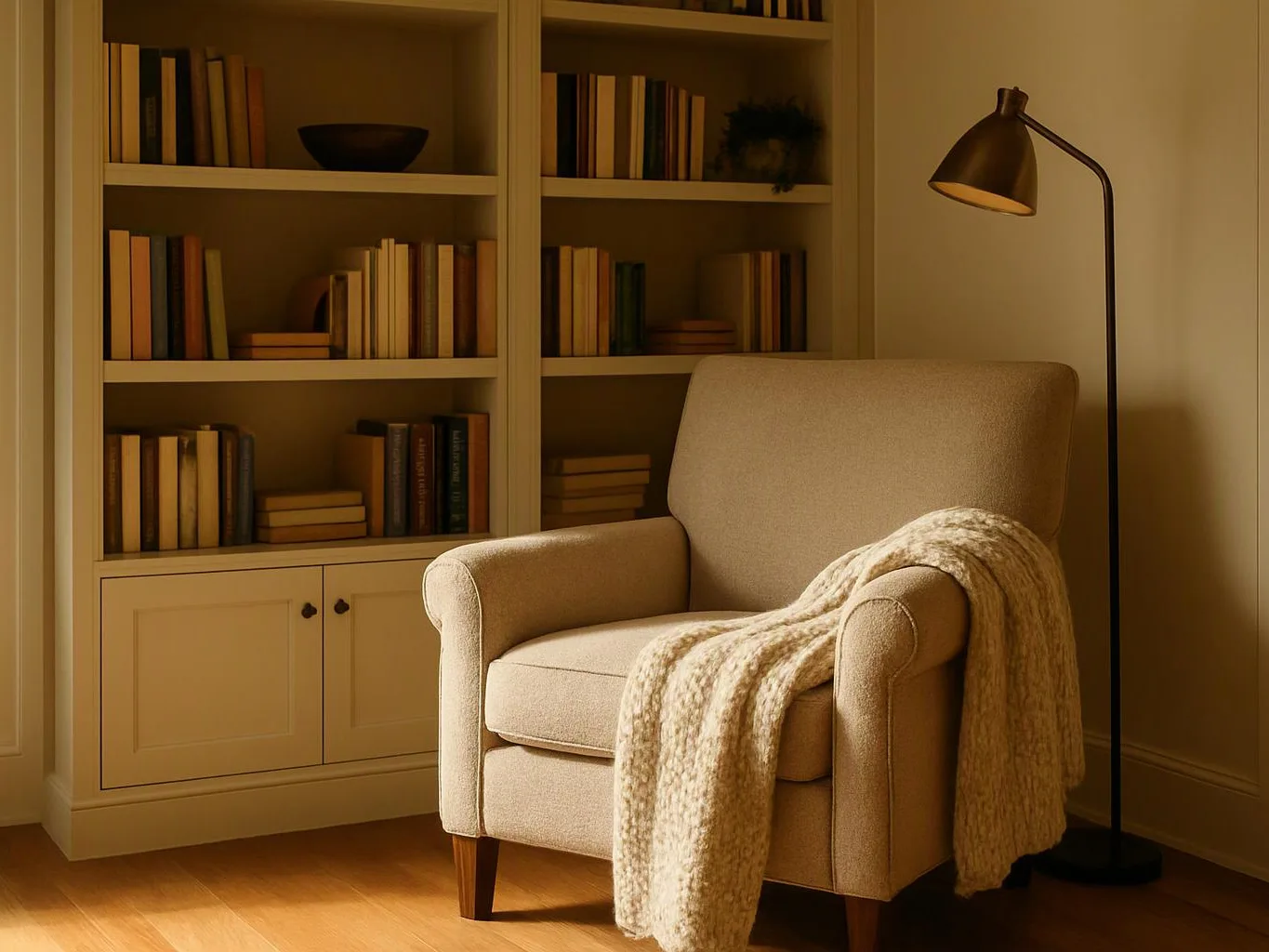 A beige armchair with a draped blanket sits beside bookshelves and a floor lamp in a warm living room