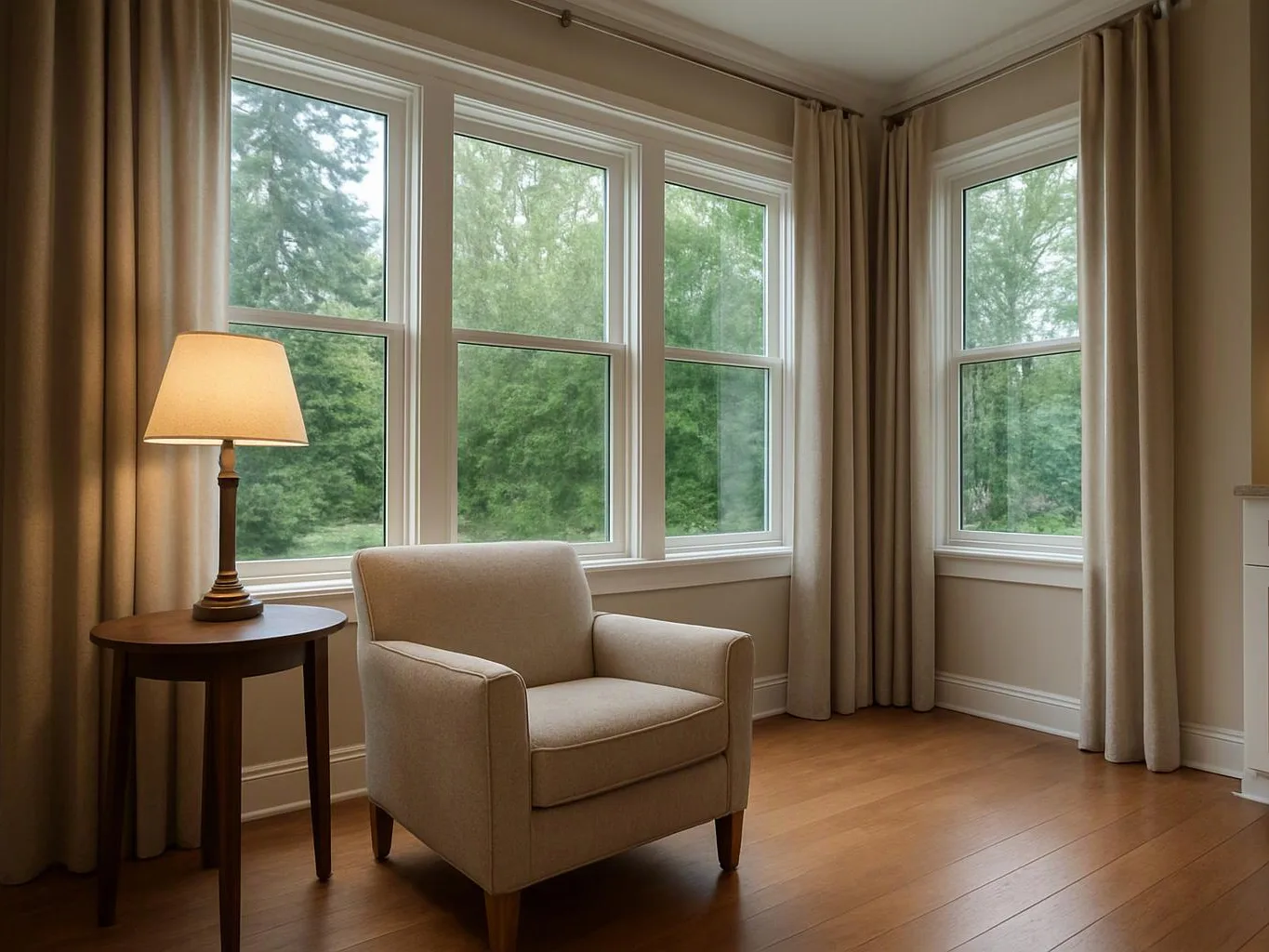 A beige armchair sits beside a lit lamp and round table in a quiet windowed room