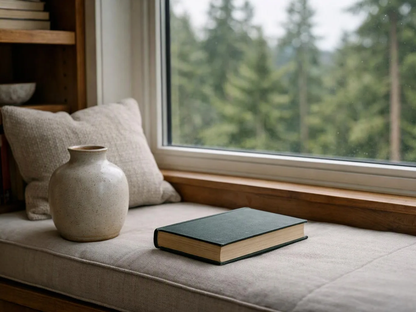 A beige cushion bench holds a ceramic vase and a closed book beside a window with trees outside