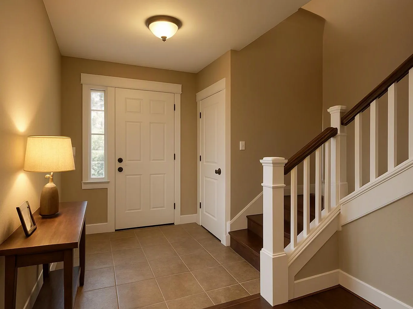 A beige entryway shows a front door, staircase, table lamp, and small wooden console table