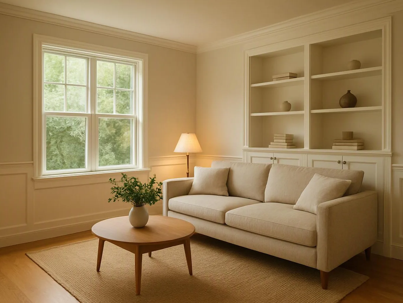 A beige living room has a sofa, round coffee table, lamp, built-in shelves, and a large window with trees outside