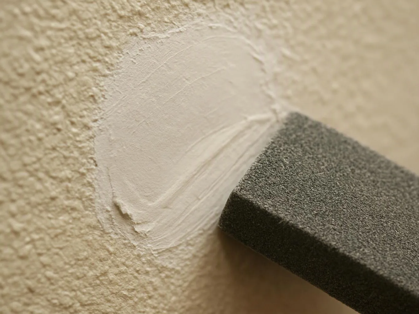 A black foam sanding block smooths white filler on a textured beige wall