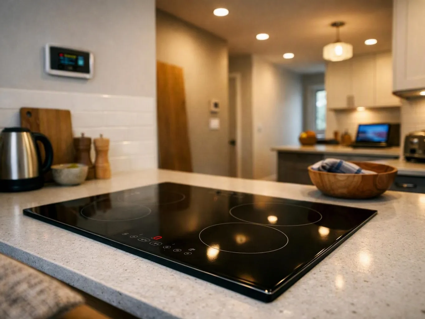 A black glass cooktop sits on a kitchen island with warm lights and small countertop items around it