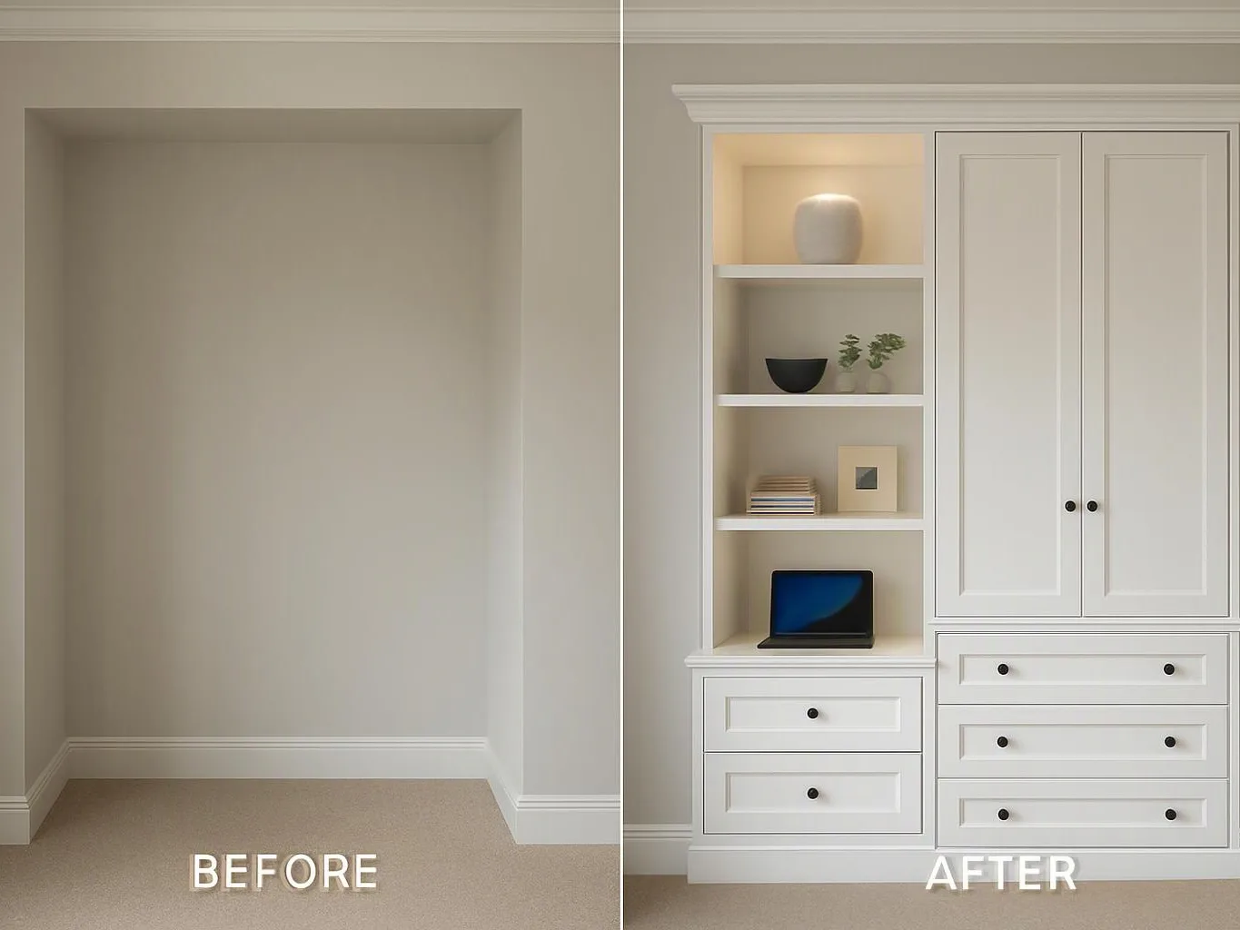 A blank closet becomes a white built-in cabinet with shelves, drawers, and a laptop display in a beige room