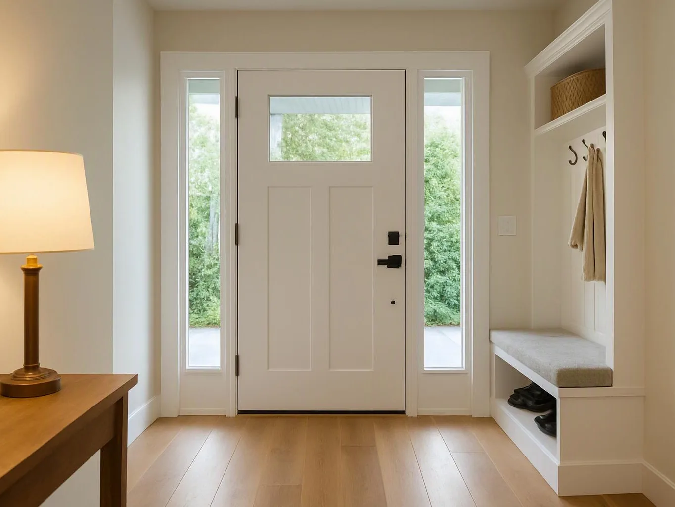 A bright entryway shows a white front door, a lit table lamp, a bench with shoes, and a coat hook niche