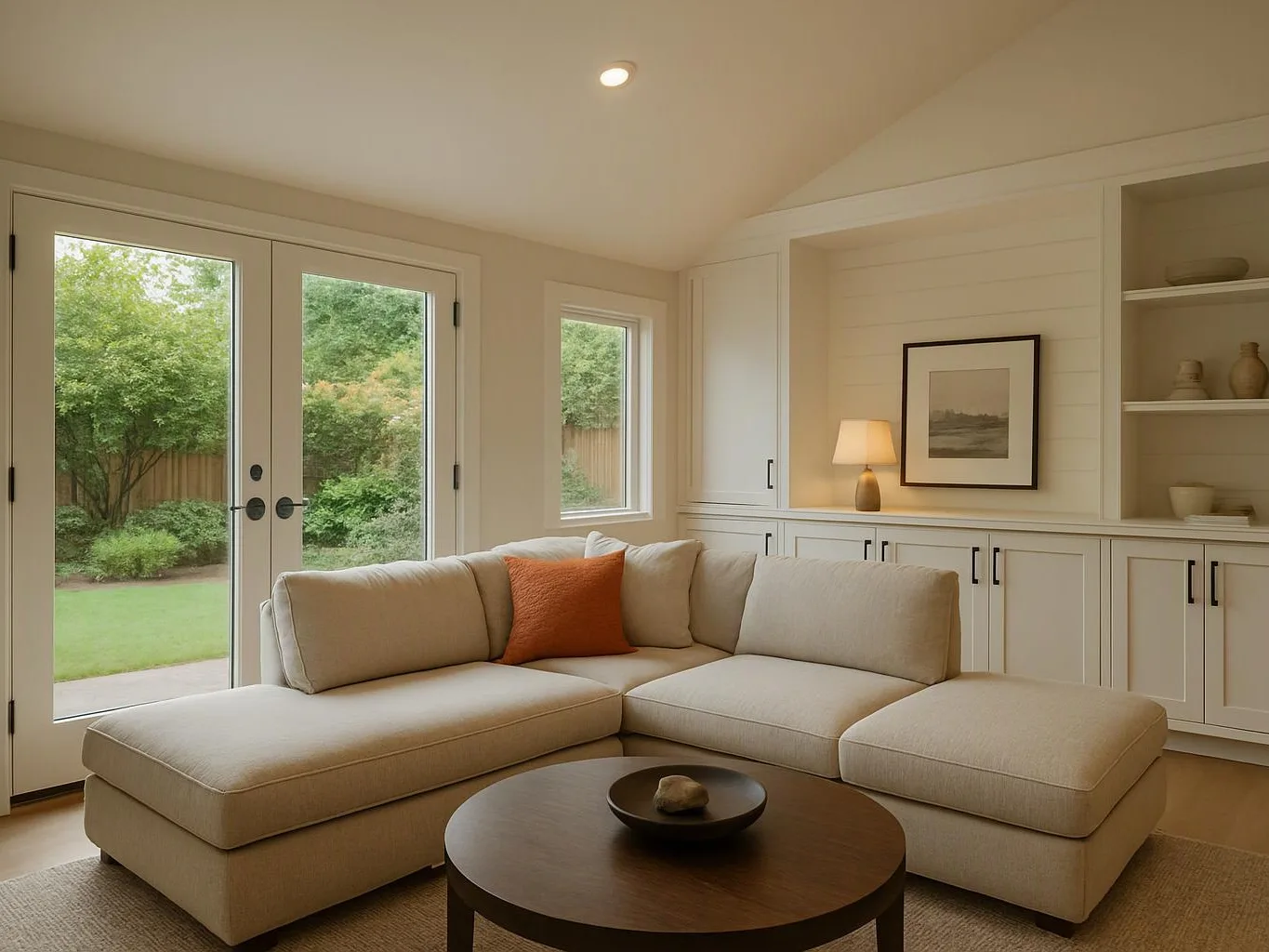 A bright living room features a beige sectional, round coffee table, built-in cabinets, and windows opening to a green yard