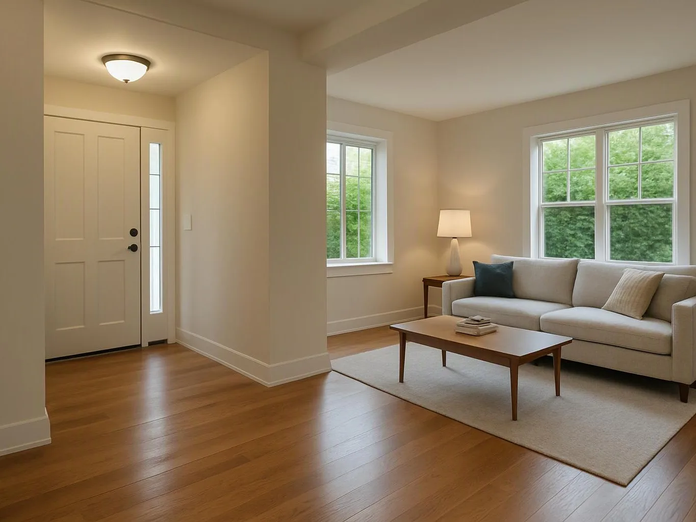 A bright living room shows a sofa, coffee table, lamp, and large windows beside an entry door