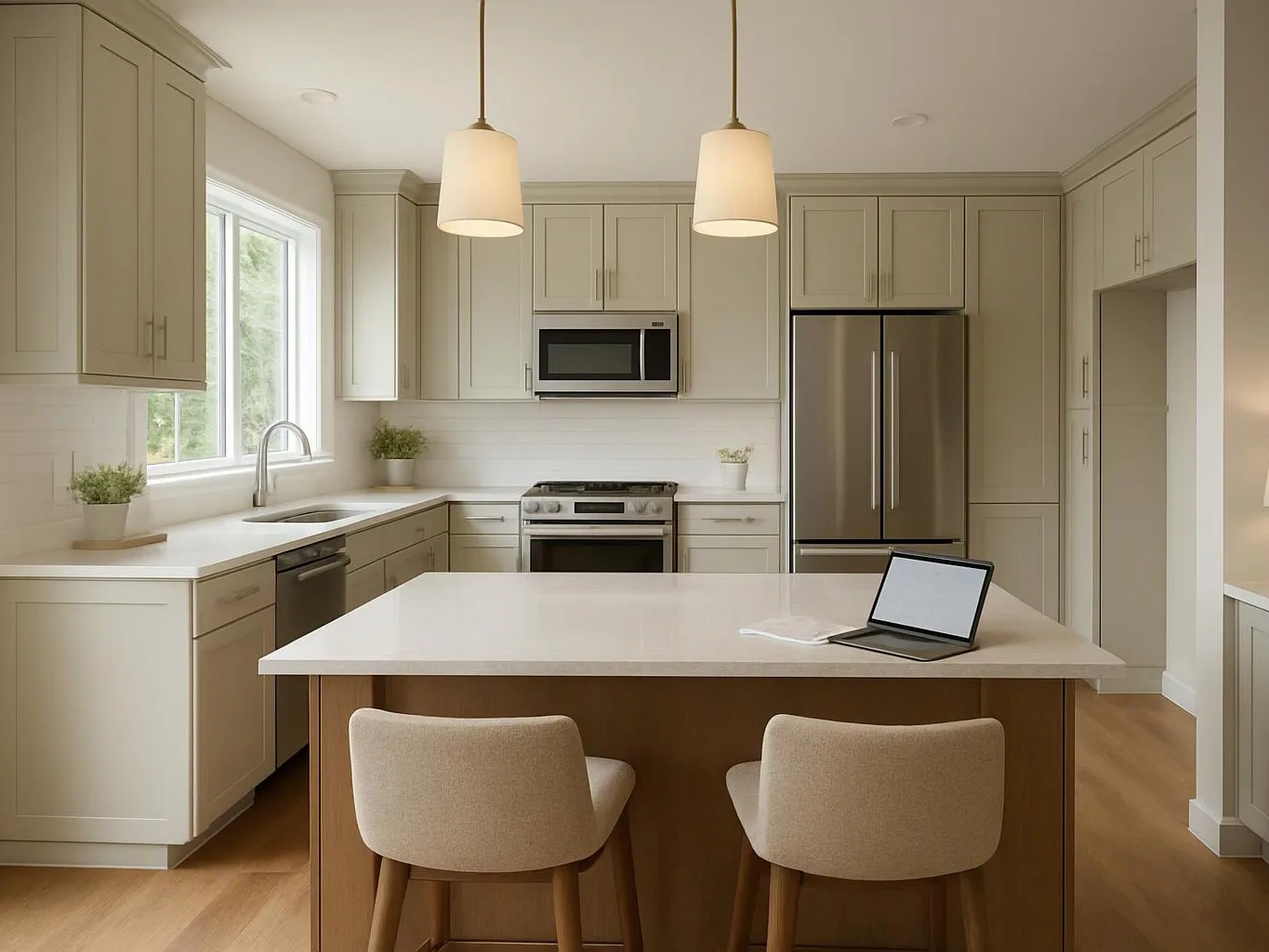 A bright modern kitchen with beige cabinets, an island, two stools, and a laptop on the counter
