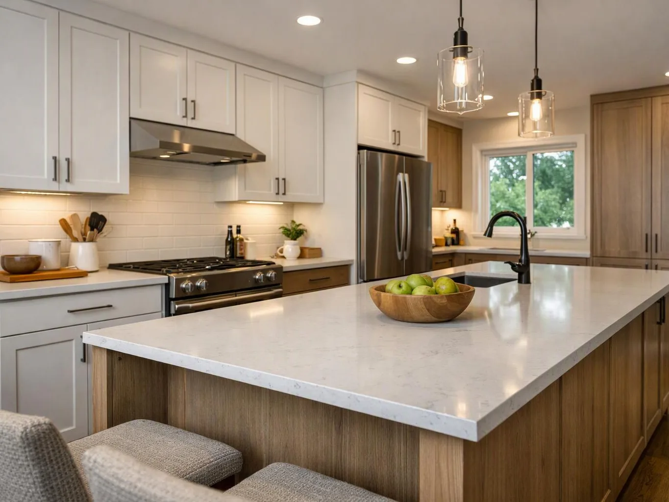 A bright modern kitchen shows white cabinets, a large island with a fruit bowl, and pendant lights overhead
