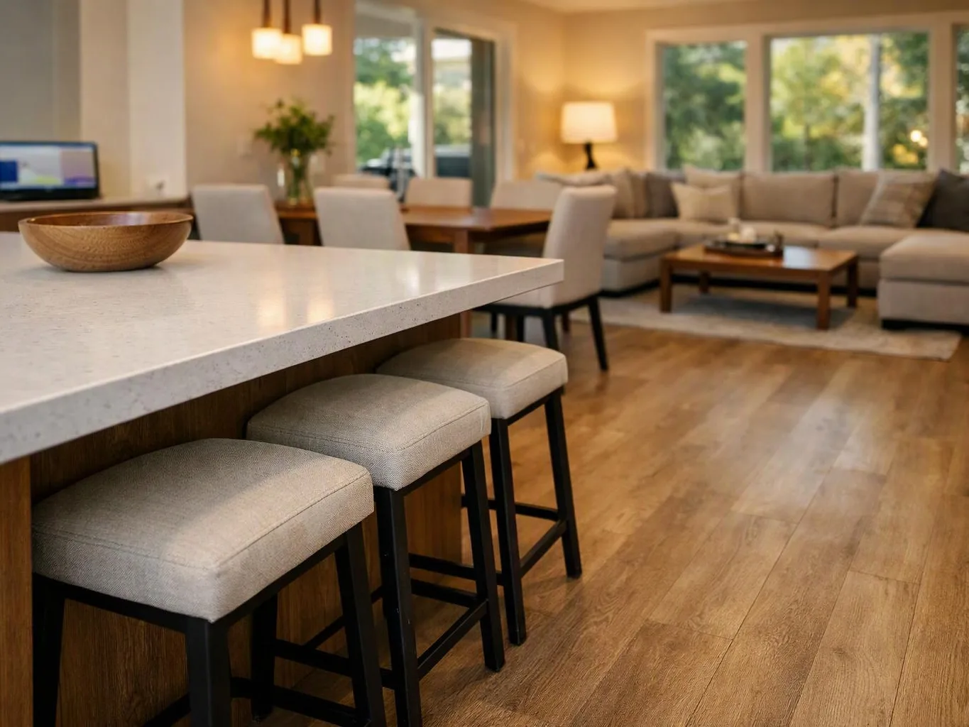 A bright open-plan living room shows a kitchen island with stools, a dining table, and a sofa area