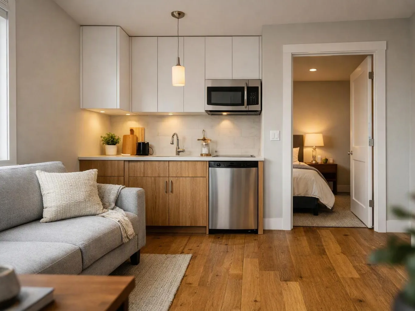 A bright studio apartment shows a compact kitchen beside a gray sofa and an open bedroom door