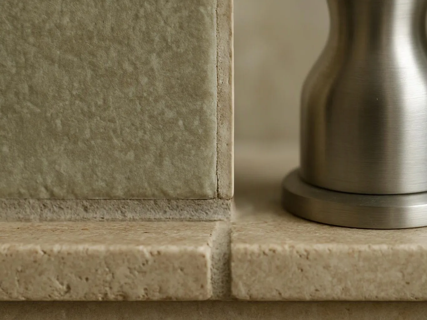 A brushed metal fixture sits beside beige stone tiles on a countertop surface