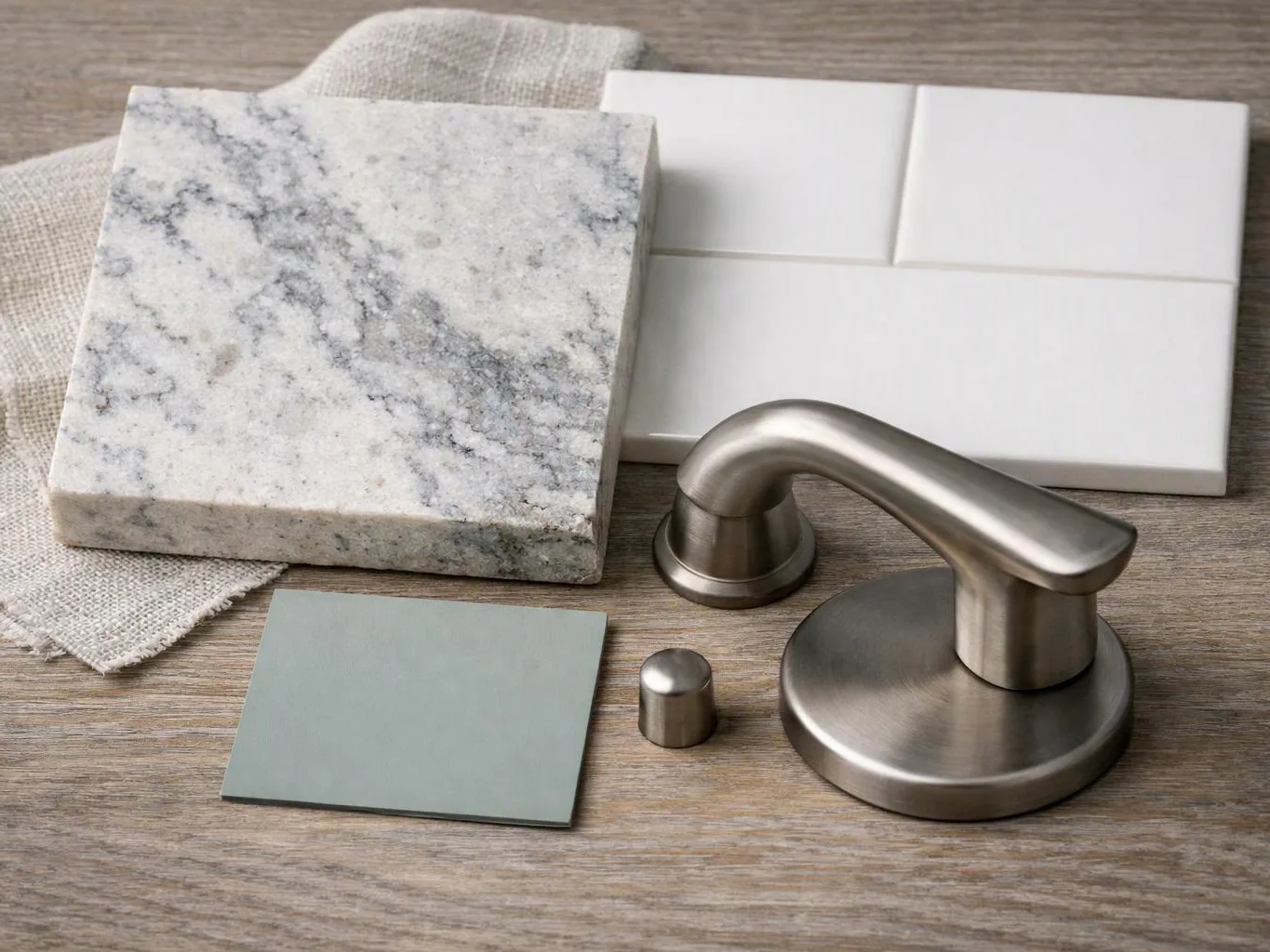A brushed metal handle set sits beside marble, tile, and color samples on a wood tabletop