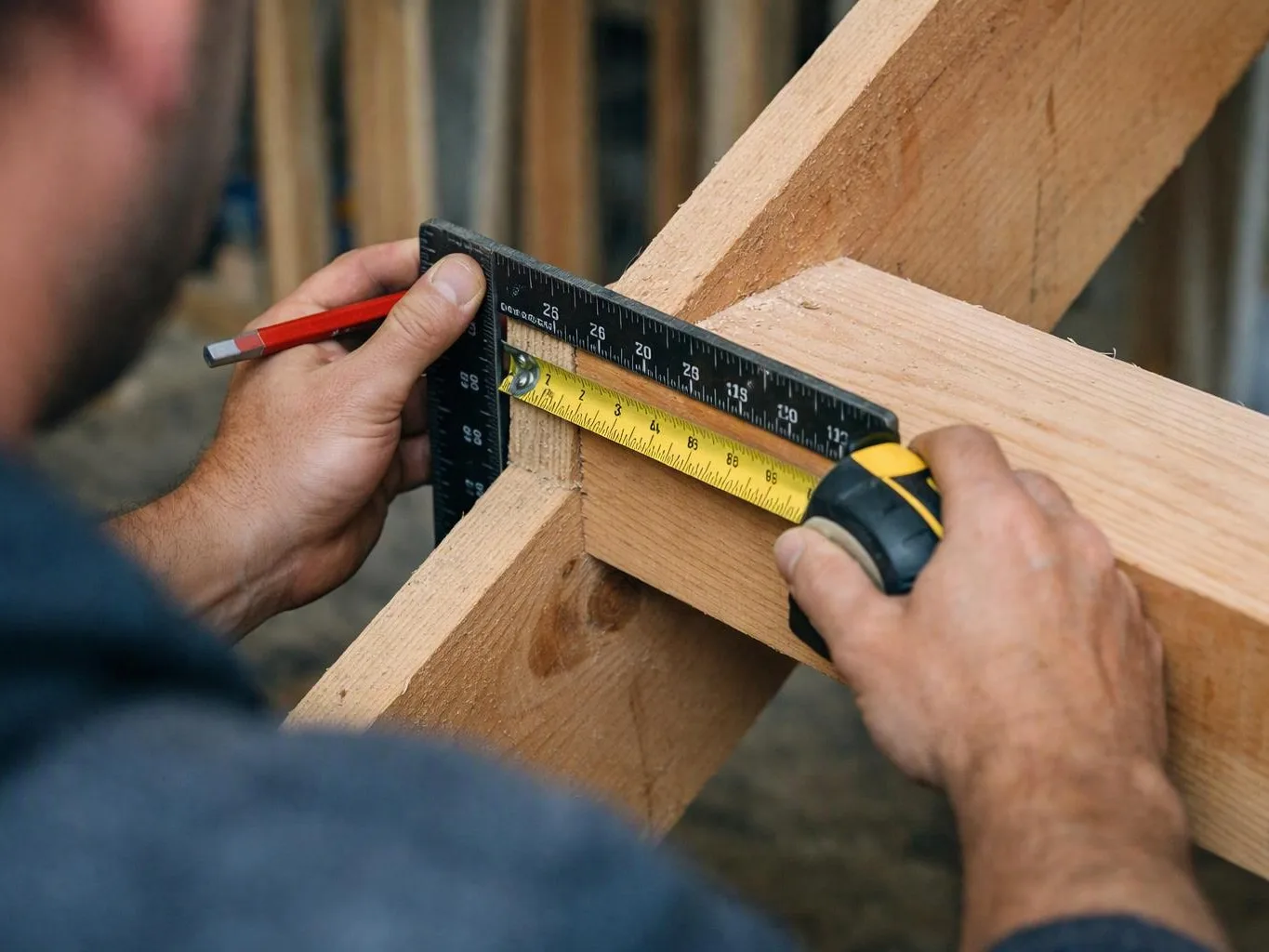 A carpenter measures a wooden beam joint with a ruler and tape measure in a workshop