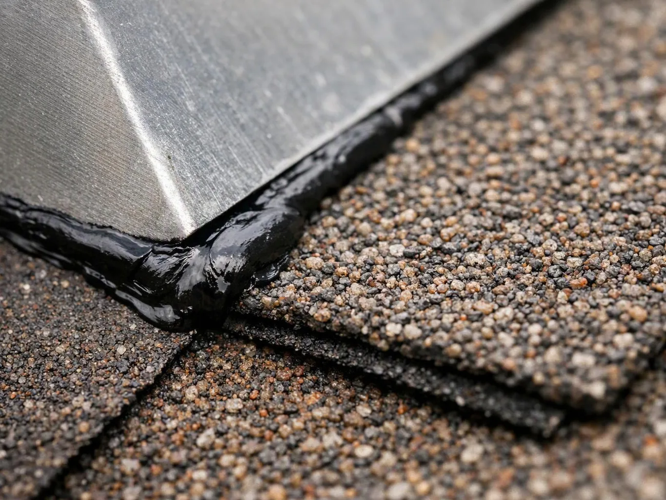 Close-up of asphalt shingles meeting a metal edge sealed with black roofing tar