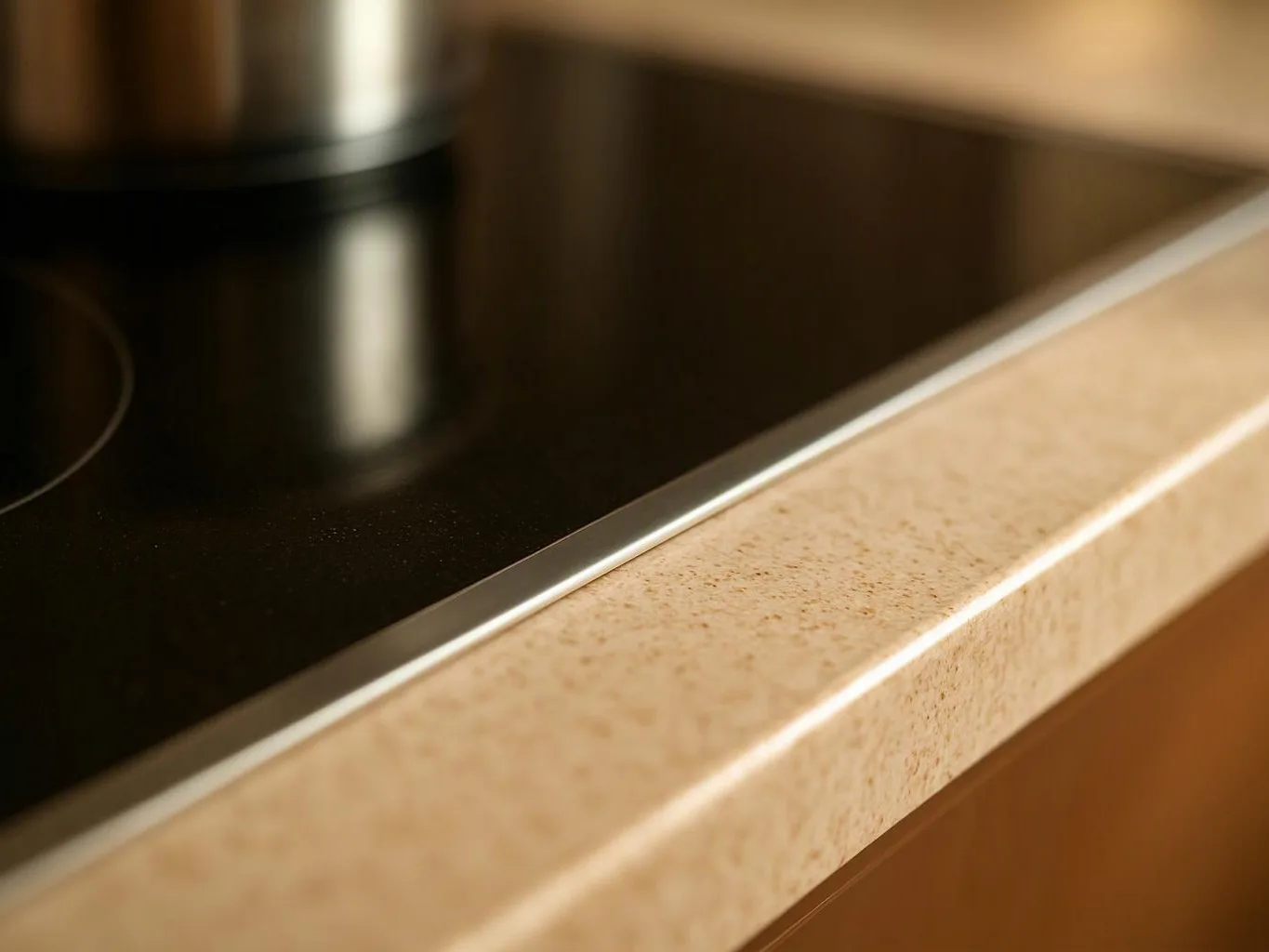 Close-up of a black glass stovetop beside a beige speckled countertop edge
