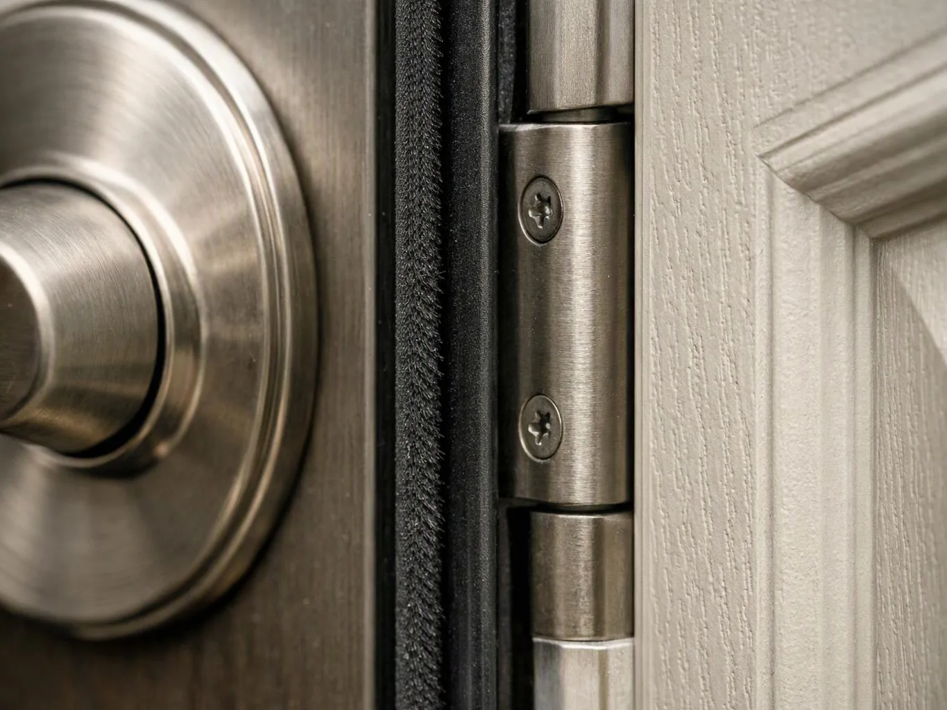 Close-up of a brushed metal door lock and hinge beside a white paneled door frame