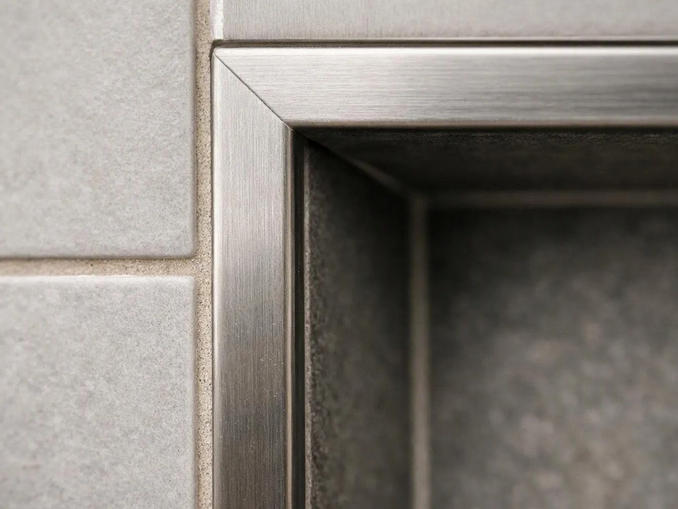 Close-up of a brushed metal frame beside pale square wall tiles and a dark recessed opening