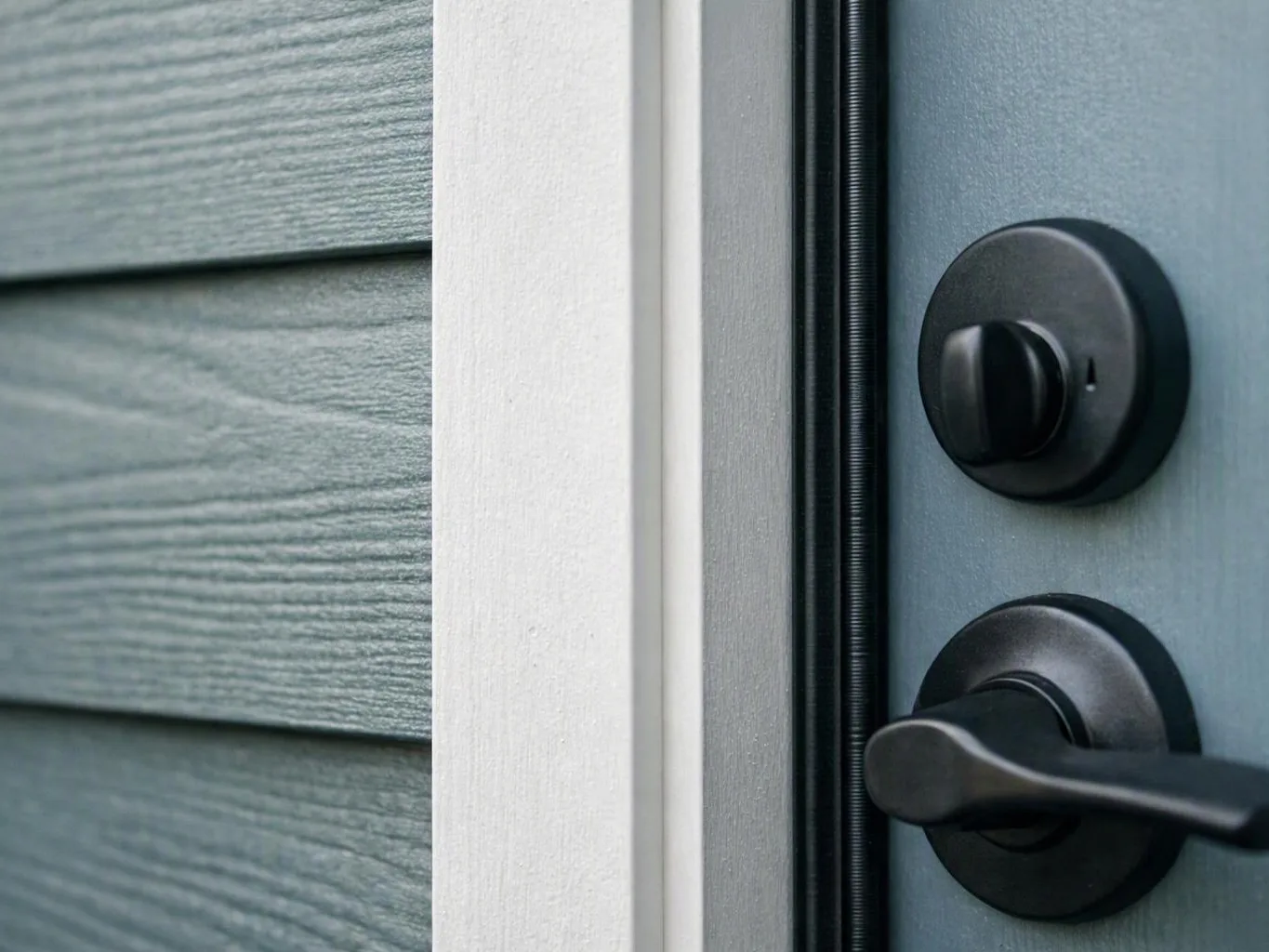 Close-up of a gray front door with a black handle and deadbolt beside white trim and siding