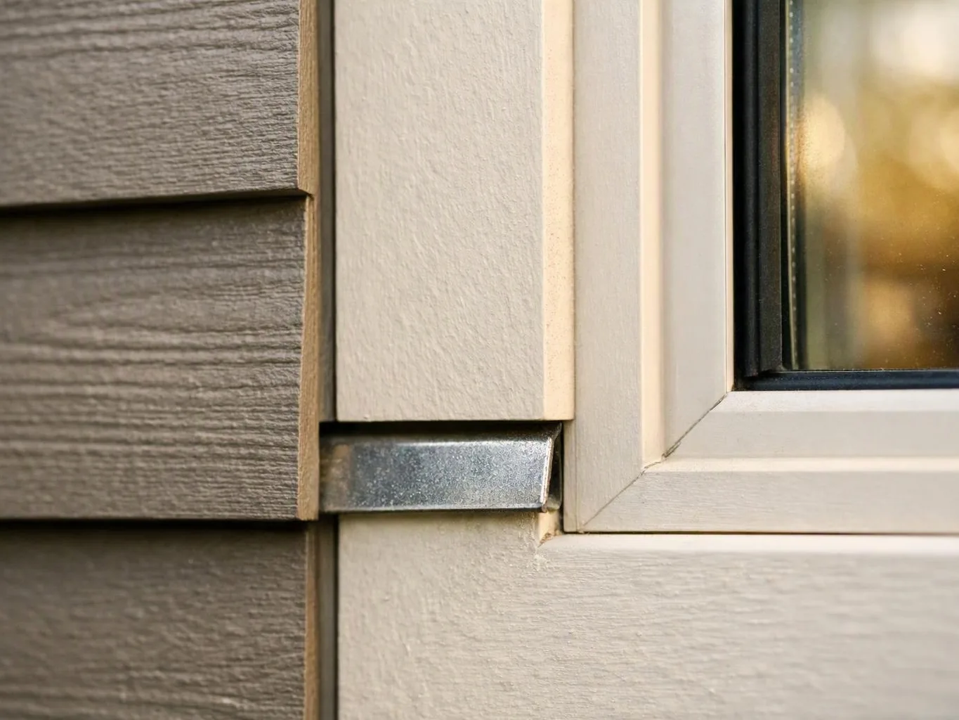 Close-up of a house window trim beside gray siding with a small metal flashing strip visible