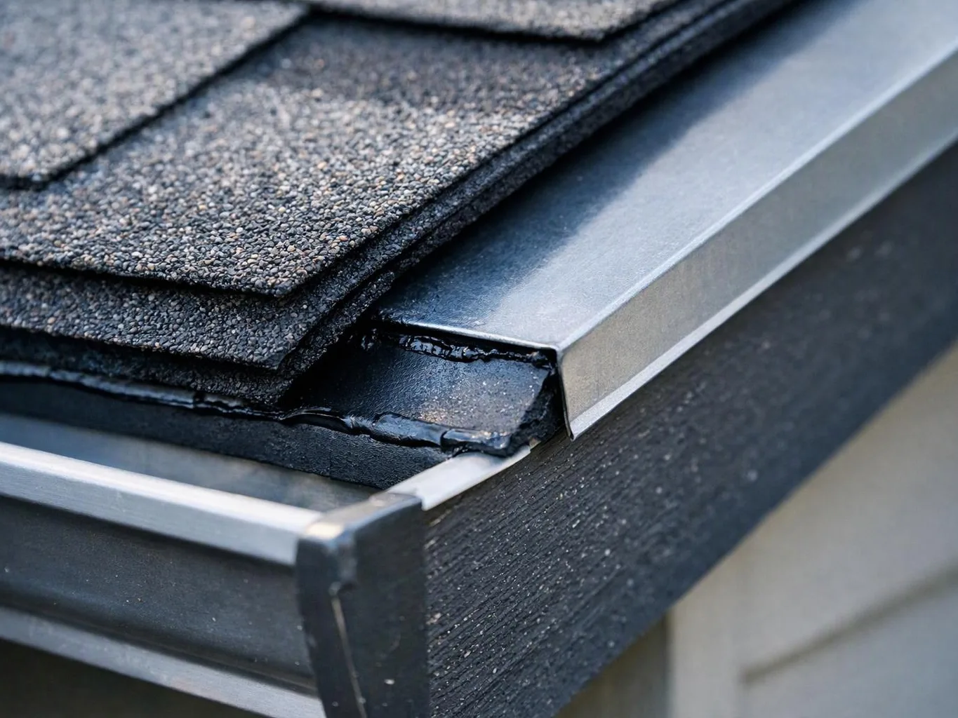 Close-up of layered roof shingles and metal flashing, showing a gutter edge on a house roof