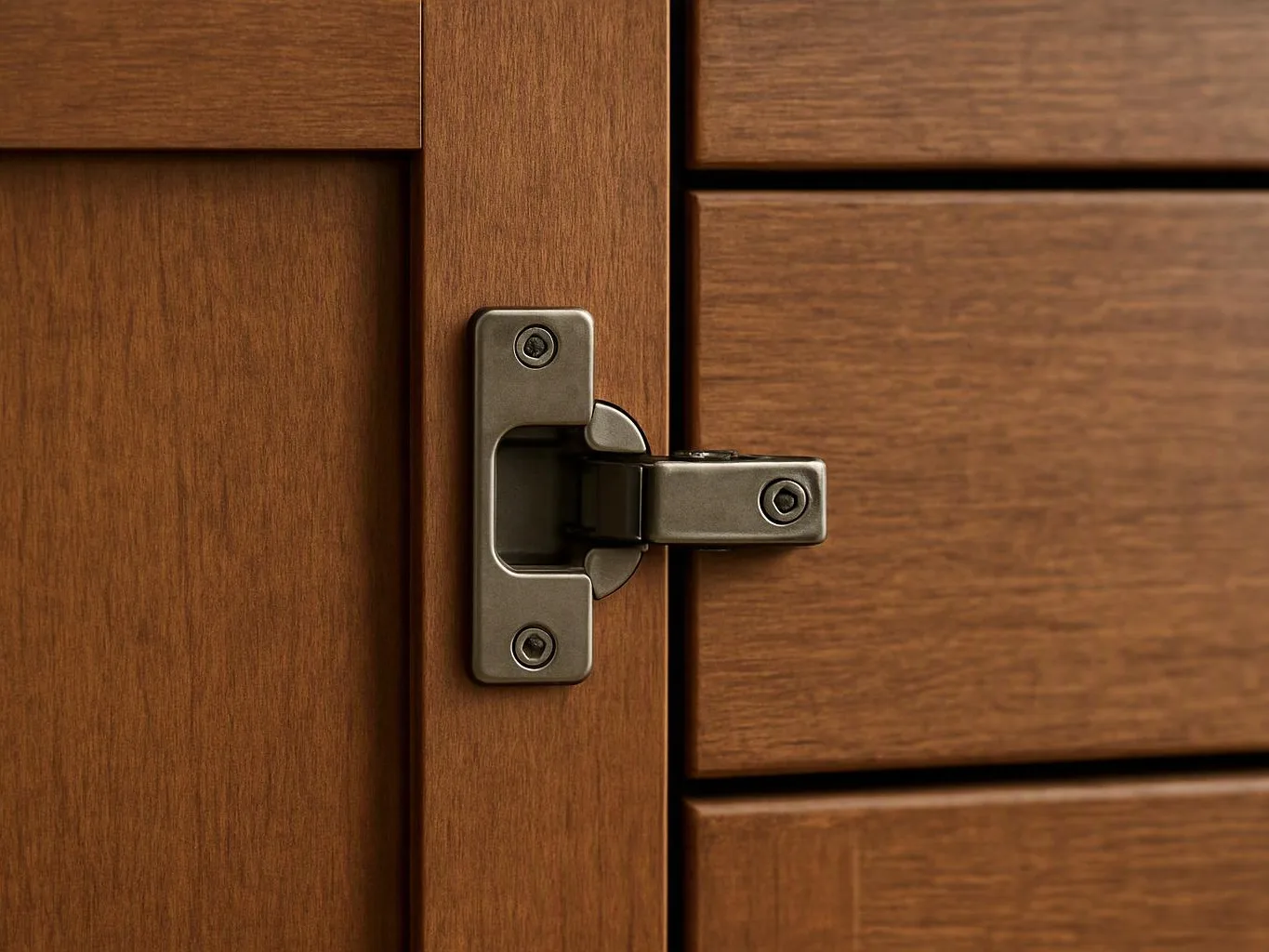 Close-up of a metal cabinet hinge mounted on a wooden door and drawer front