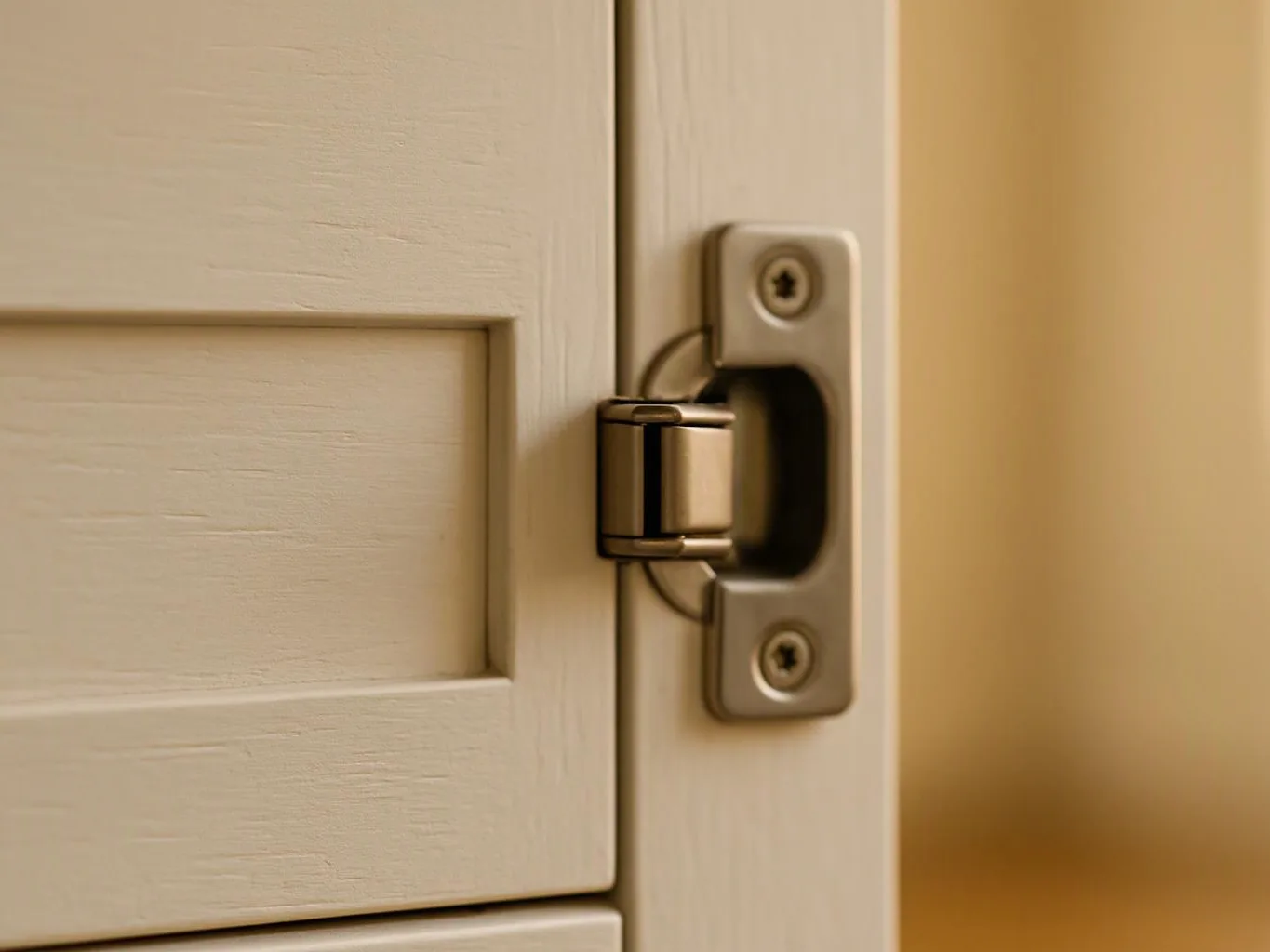 Close-up of a white cabinet door hinge mounted on a cream frame with a blurred background