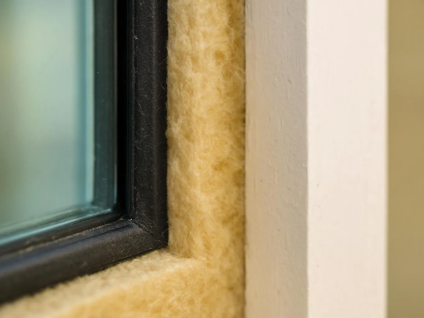Close-up of a window frame with yellow insulation packed between the glass and the wall