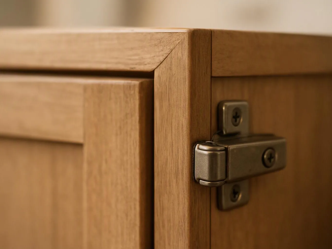 Close-up of a wooden cabinet corner with a metal hinge on the door