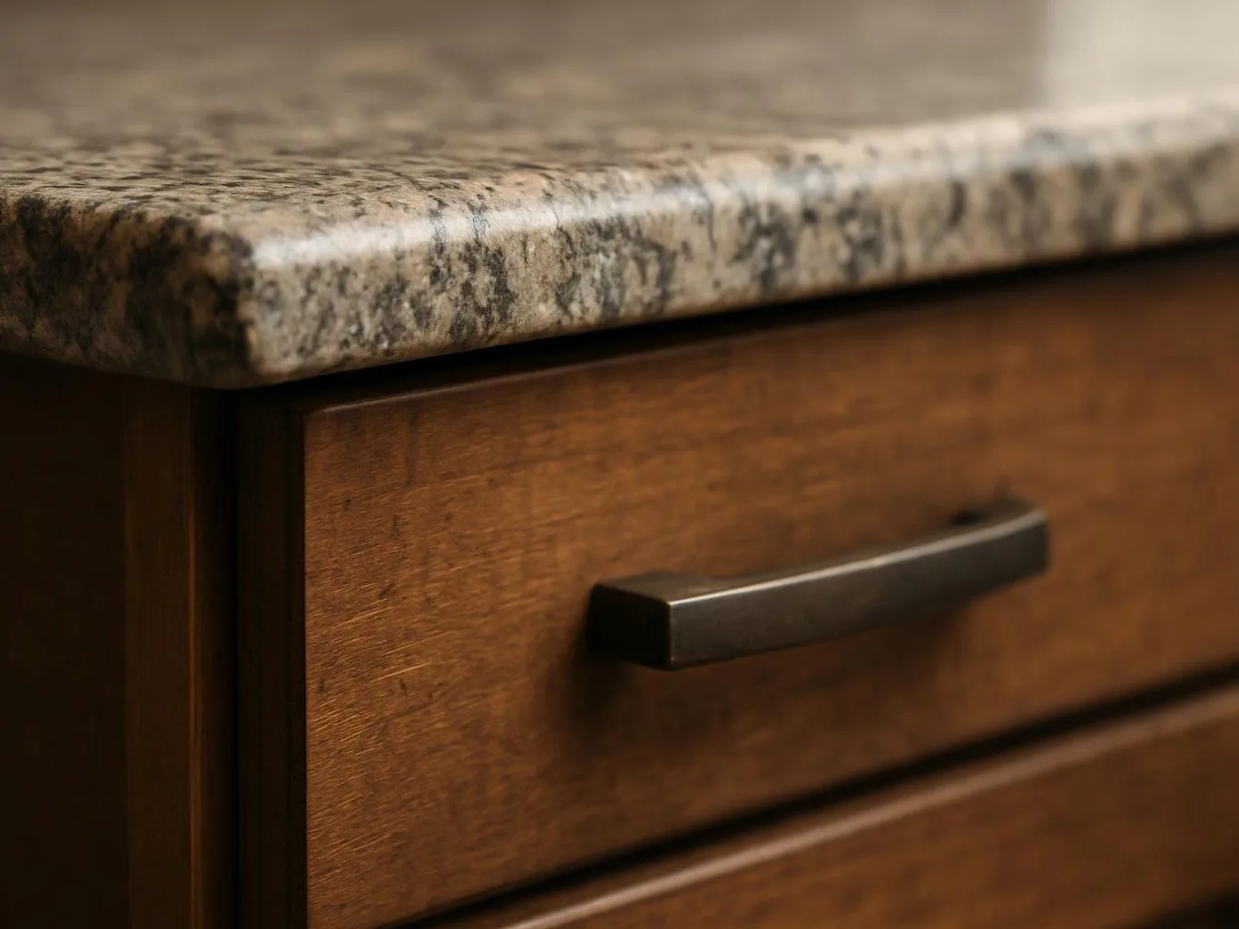 Close-up of a wooden drawer with a dark handle beneath a speckled stone countertop