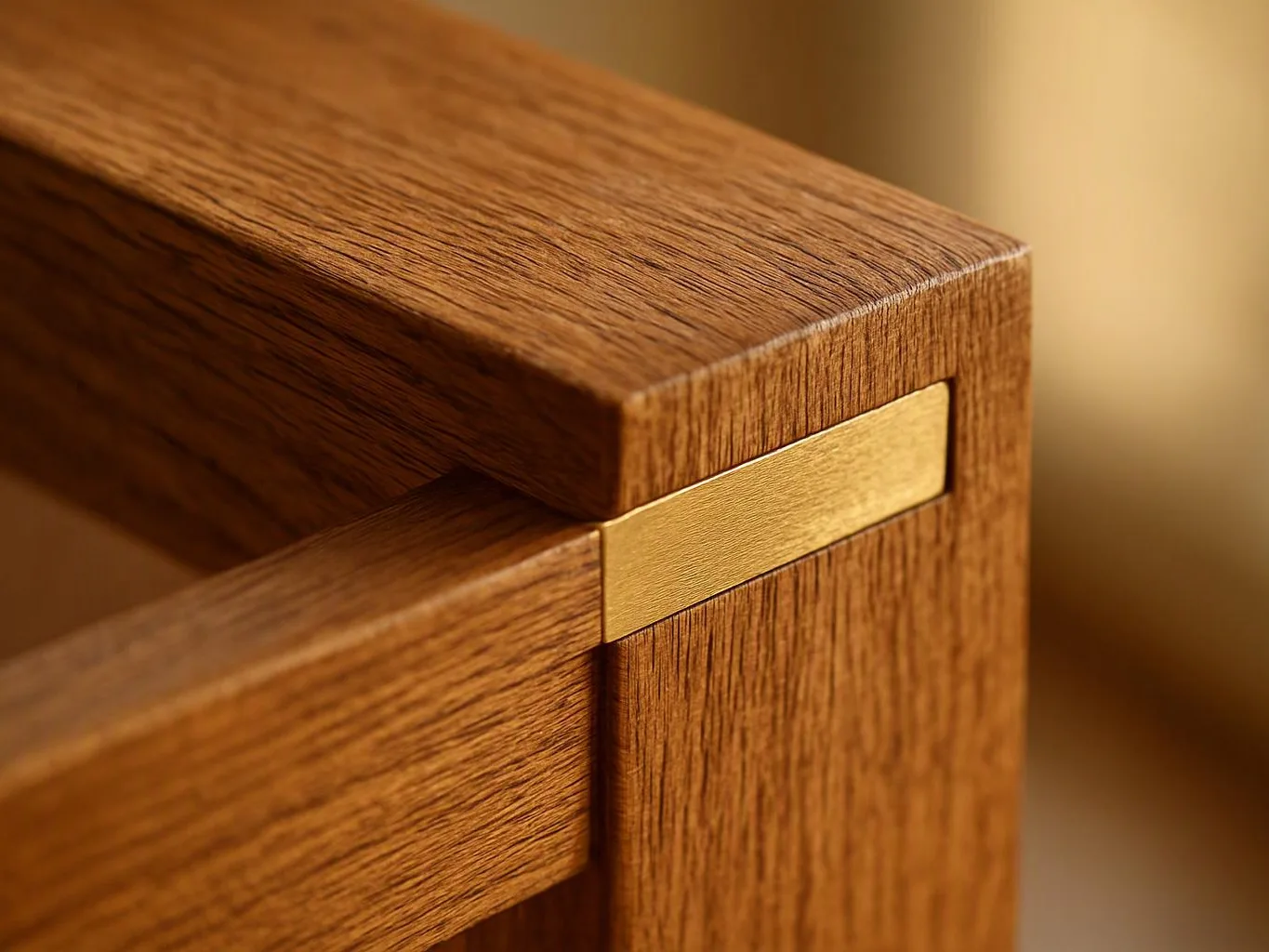 Close-up of a wooden furniture corner with a brass inlay against a blurred warm background