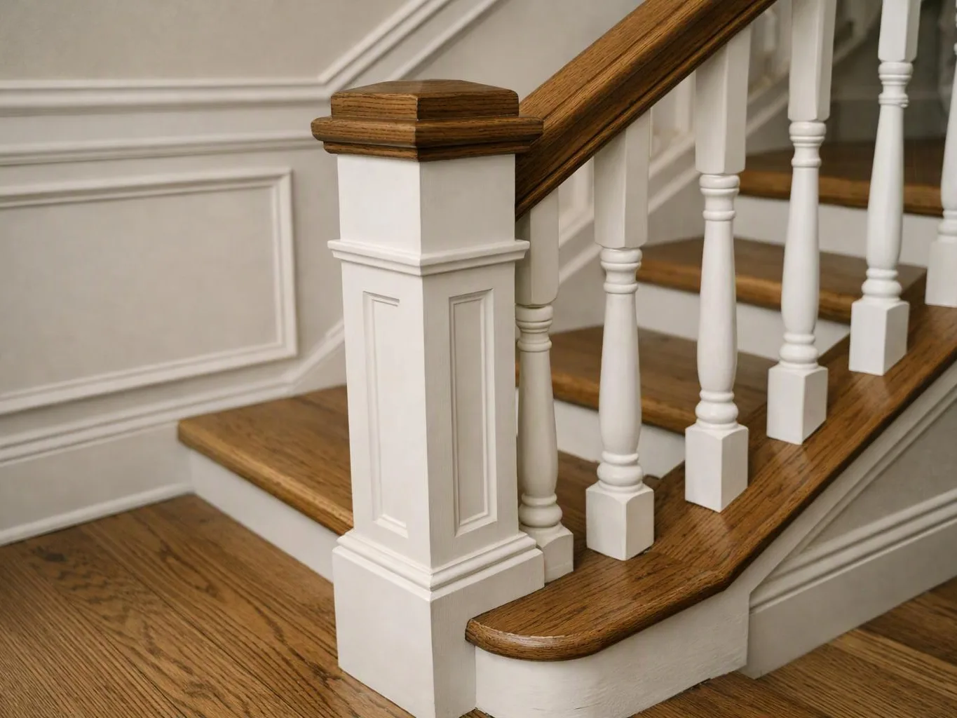 Close-up of a wooden staircase with white balusters and a square newel post beside paneled walls