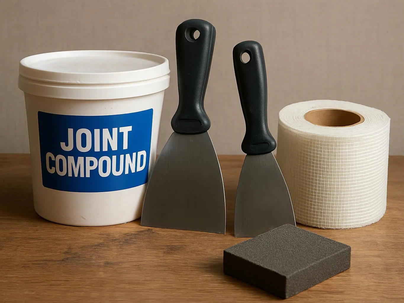 A container labeled joint compound stands beside two putty knives, a roll of mesh tape