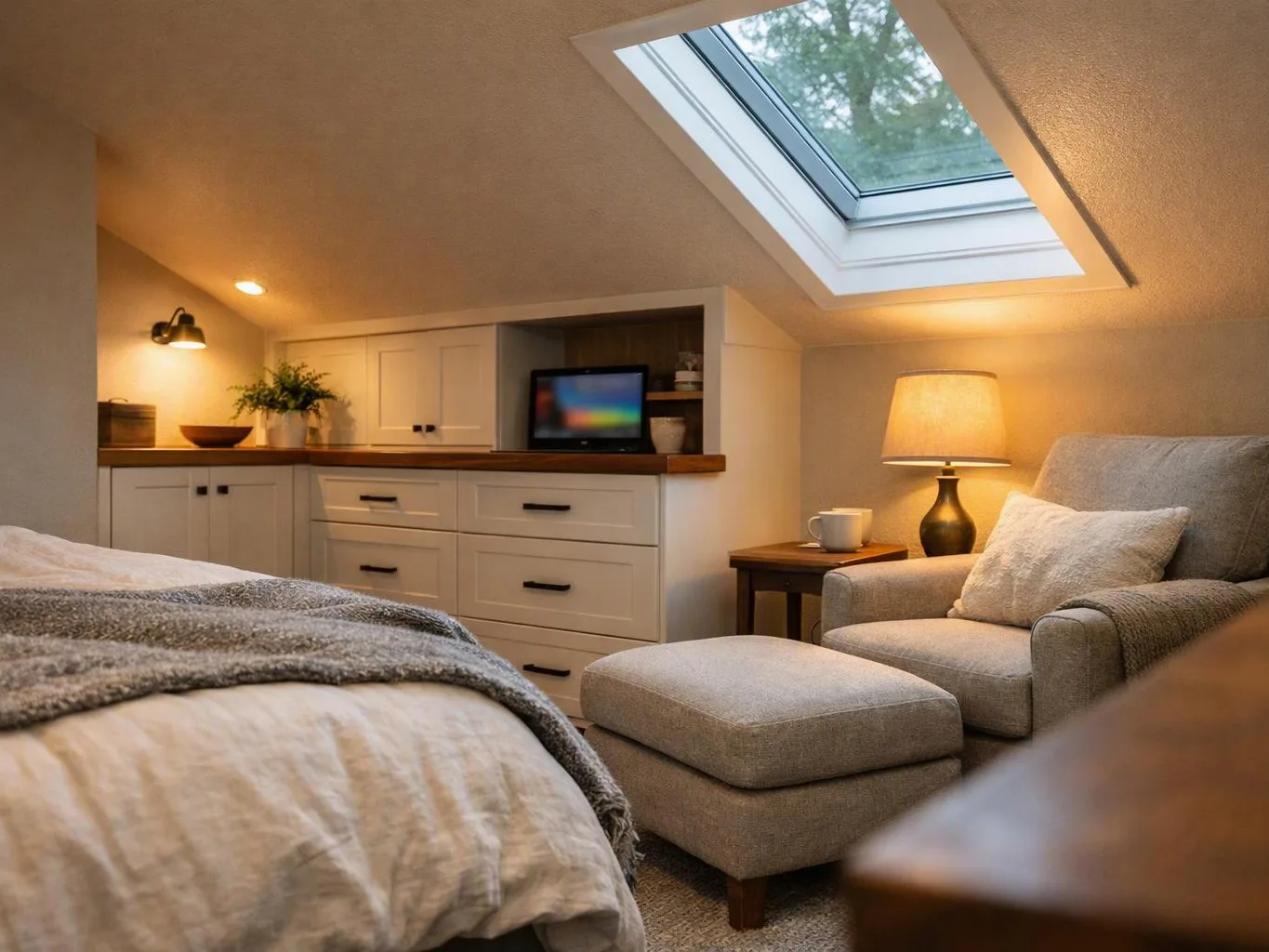 A cozy attic bedroom shows a bed, armchair, lamp, skylight, and built-in cabinets with a small screen