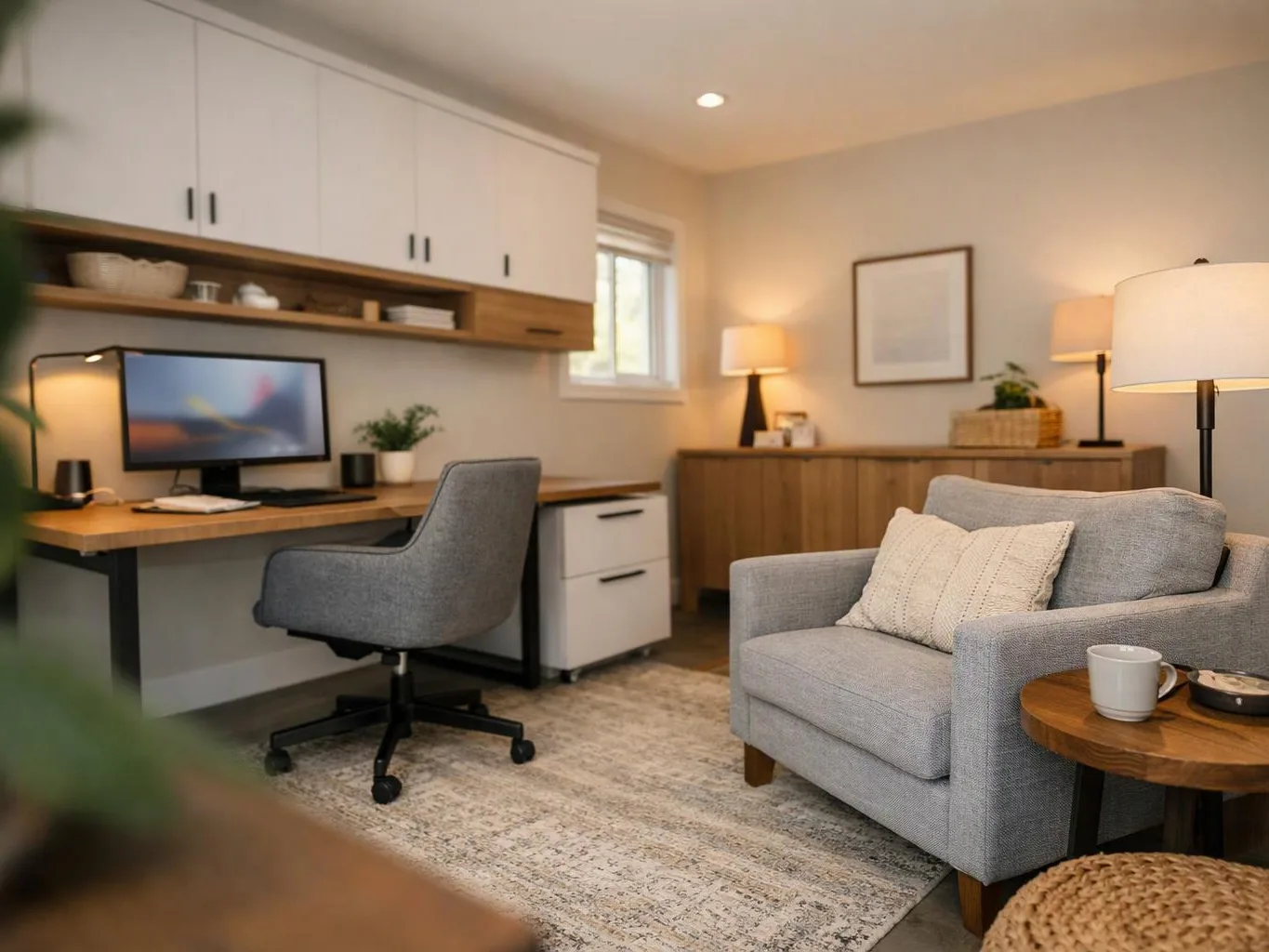 A cozy home office and sitting area shows a desk, gray chair, armchair, lamps, and warm wood cabinets