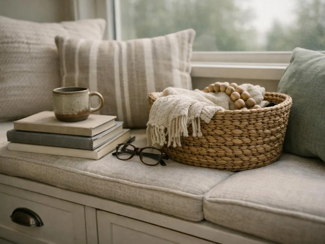 A cozy window seat holds stacked books, a mug, glasses, a woven basket, and soft pillows