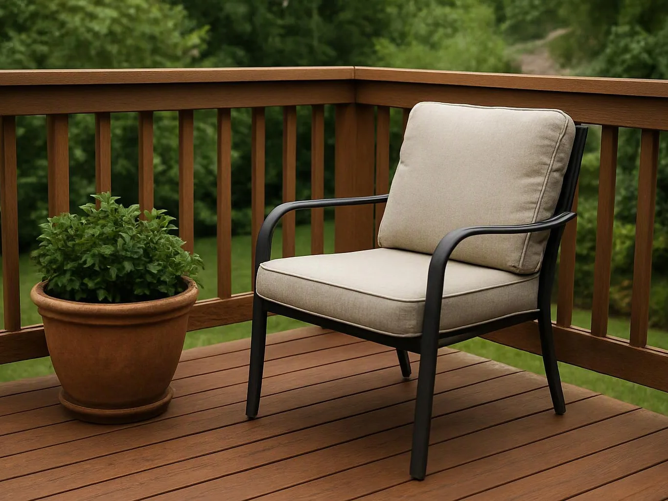 A cushioned patio chair sits beside a potted plant on a wooden deck with green trees beyond