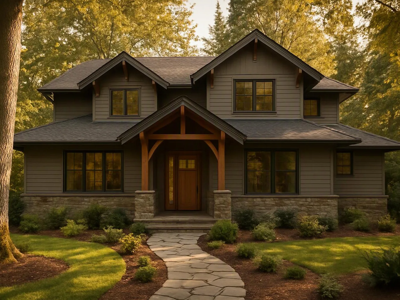 A dark two-story house with a stone walkway and landscaped yard sits among tall trees