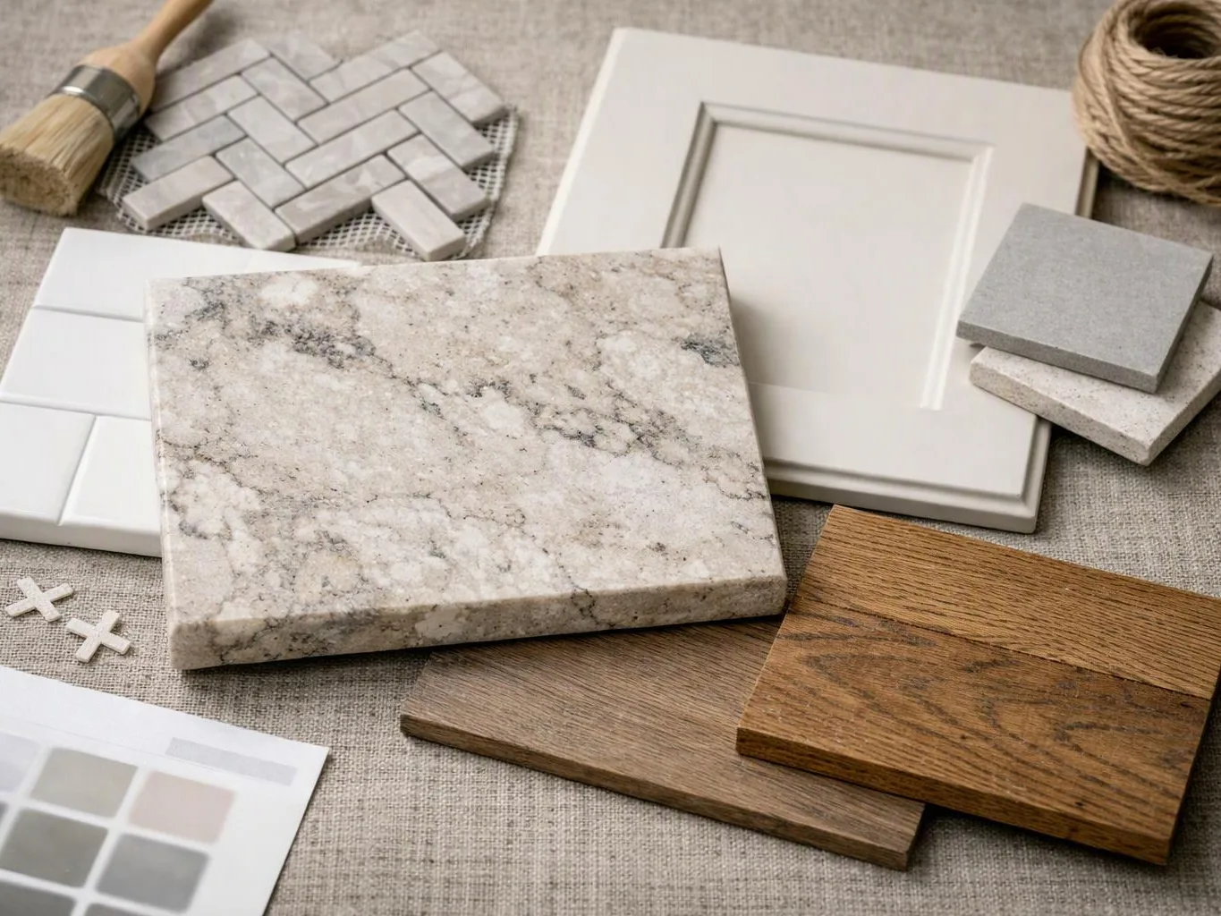 Decorative flooring and tile samples, wood planks, and white cabinet panels spread across a fabric surface