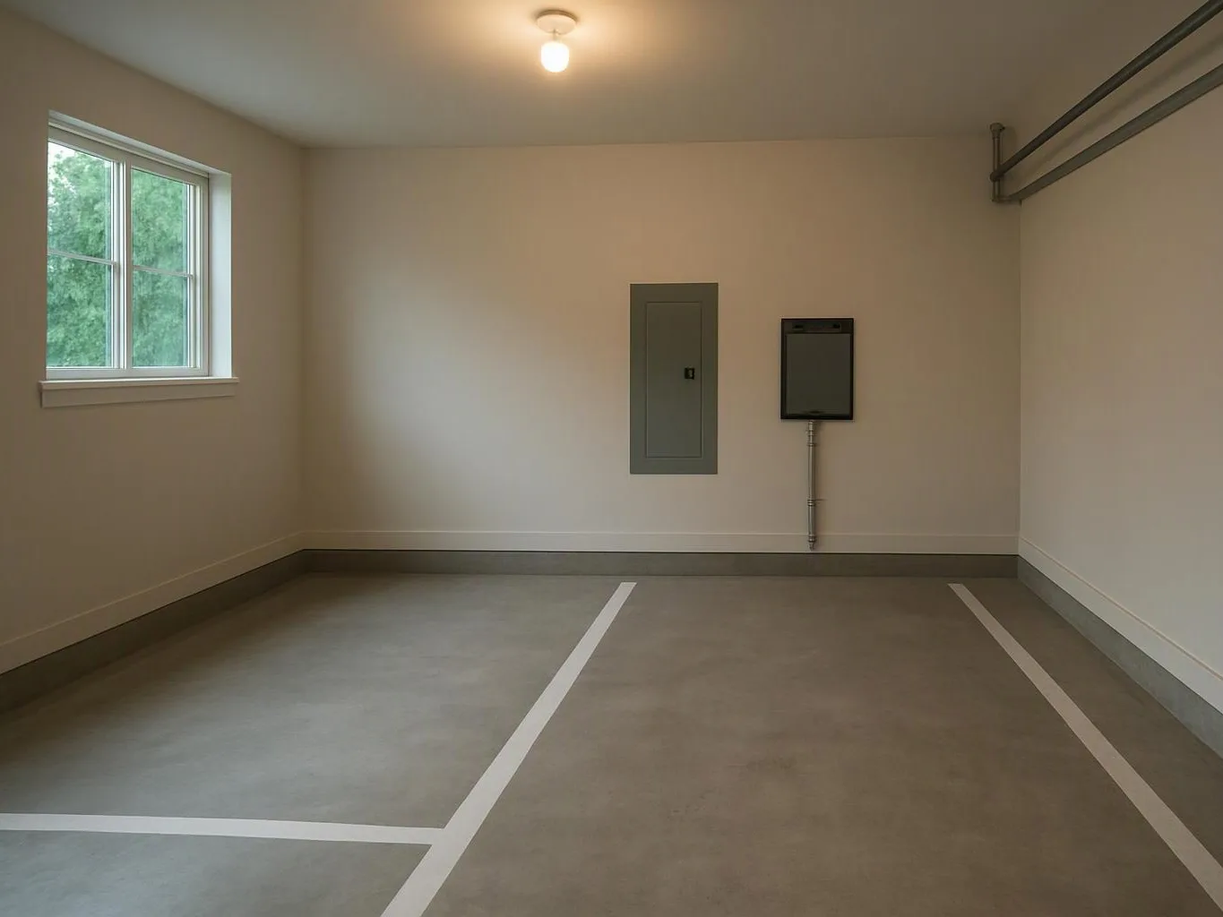 An empty garage shows painted parking lines, a window, and utility panels on the back wall