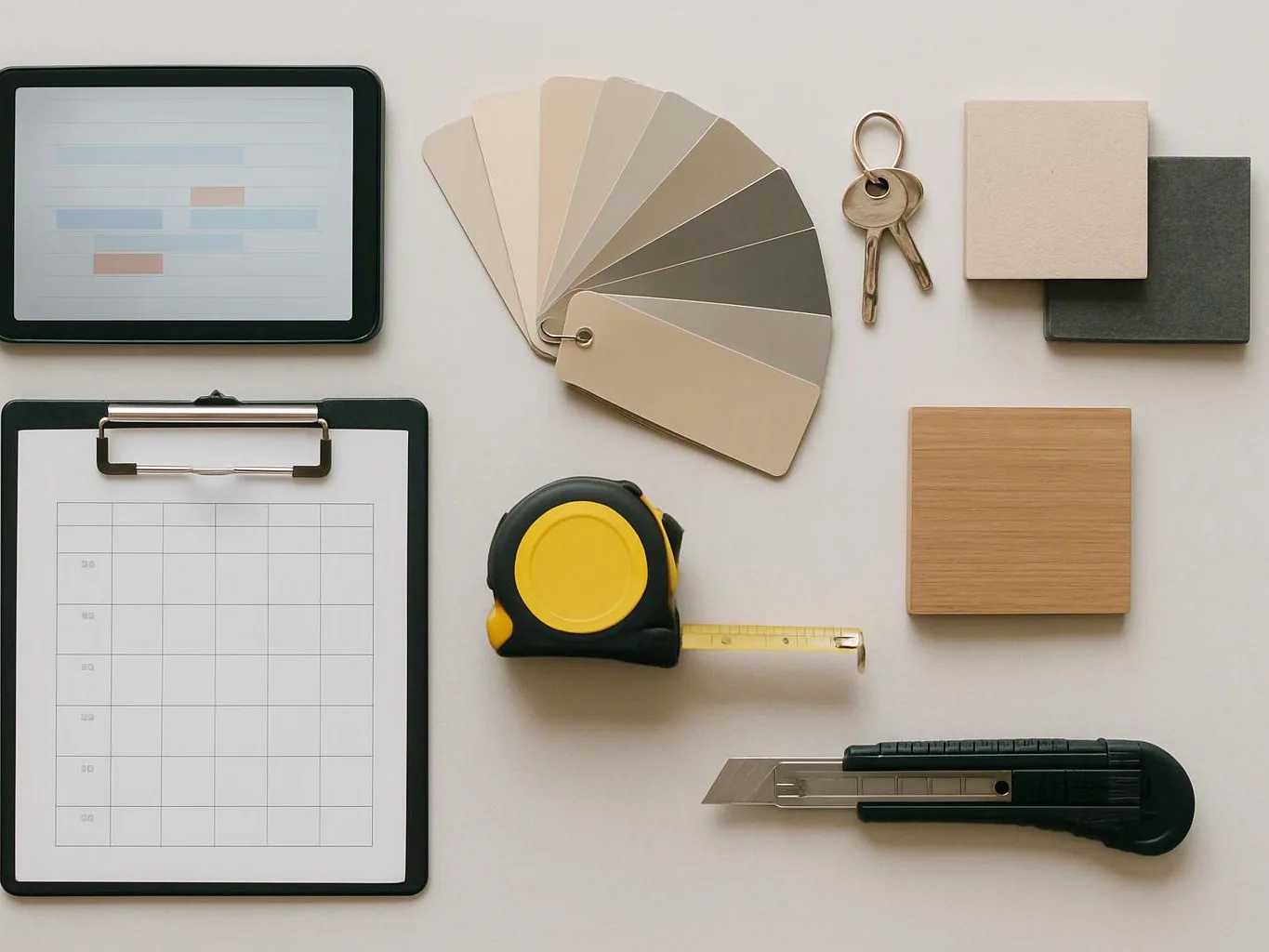 Flat lay of clipboards, color swatches, keys, a tape measure, a utility knife, and sample boards on a light surface