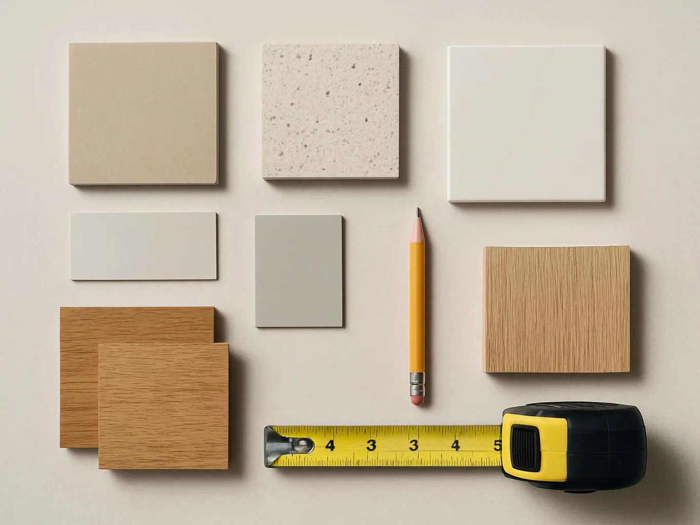 A flat lay of color and material swatches with a pencil, tape measure, and tool on a light background