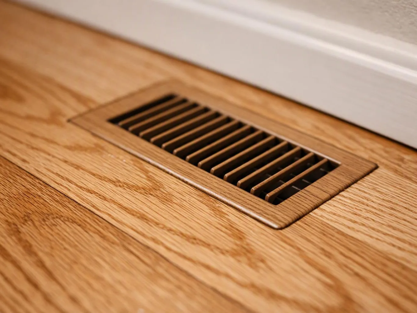A floor vent sits in a wood floor beside a white baseboard and wall