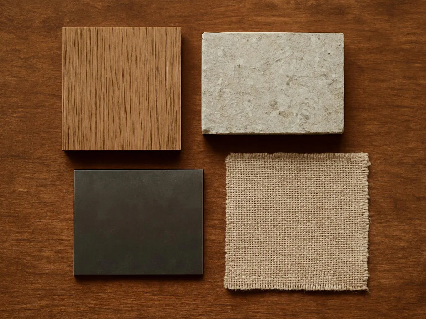 Four material samples, wood, stone, dark metal, and woven fabric, lie on a wooden surface