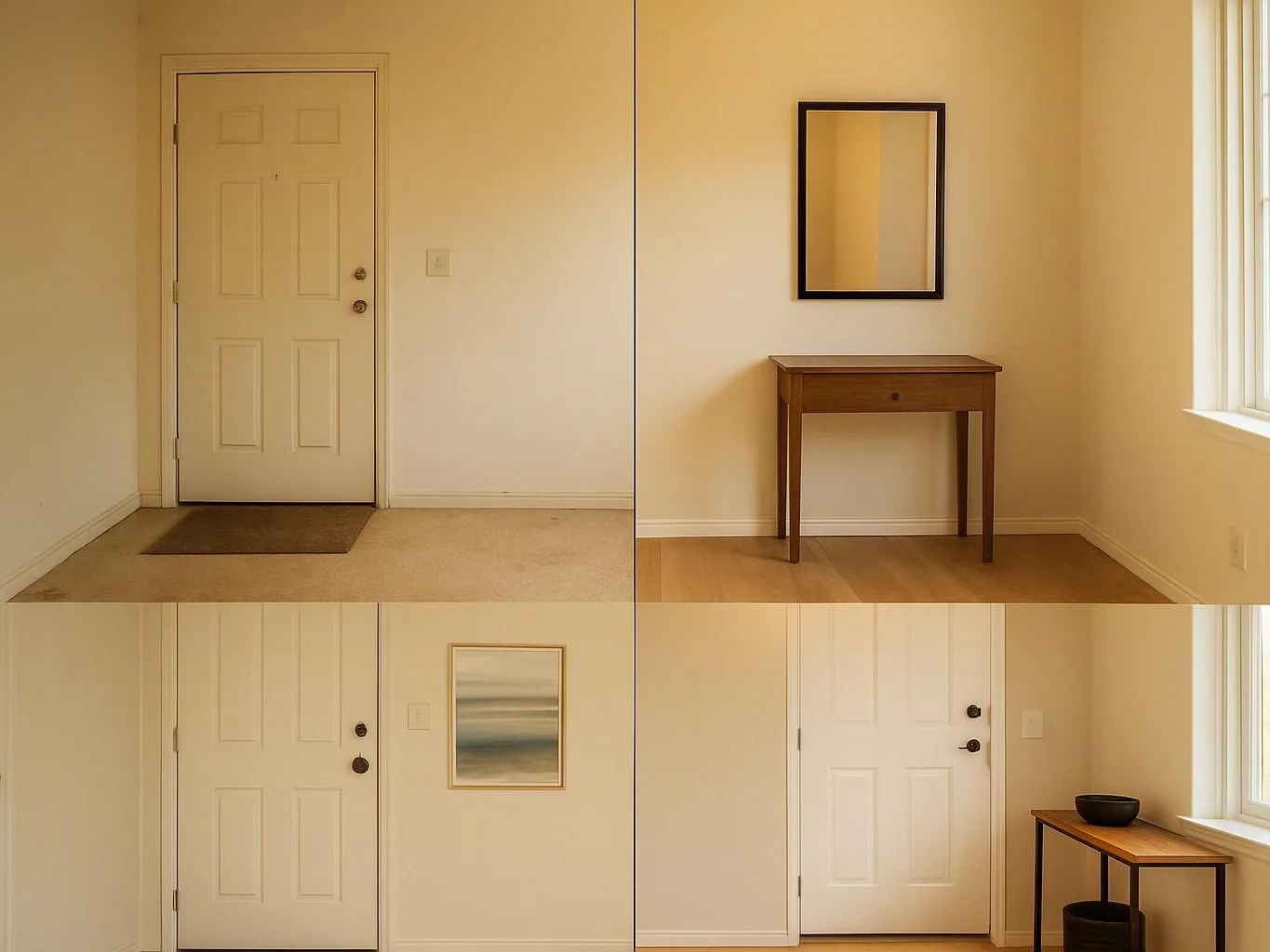 A four-panel collage shows sparse beige rooms with doors, a mirror, small tables, and minimal wall art