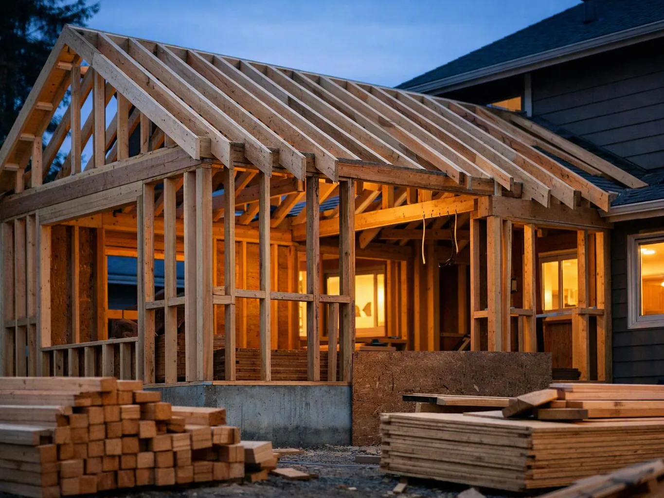 Framed house construction shows exposed timber walls and roof trusses, with lumber piles in front