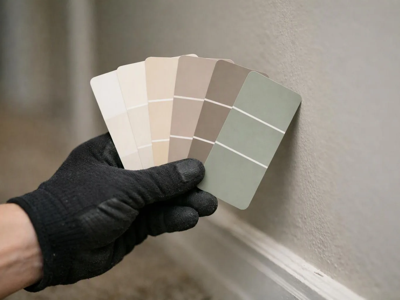 A gloved hand fans out paint color swatches against a light gray wall